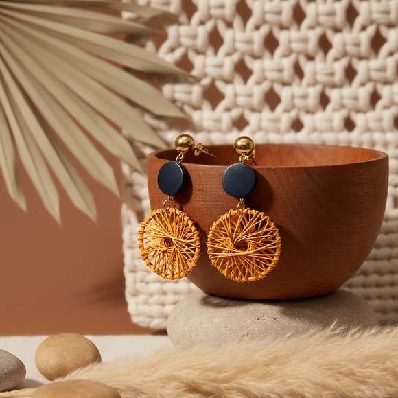 Boho Chic Handwoven Spiral Navy Wood Gold Dangle Earrings Handmade Jewelry - Picture 5 of 15